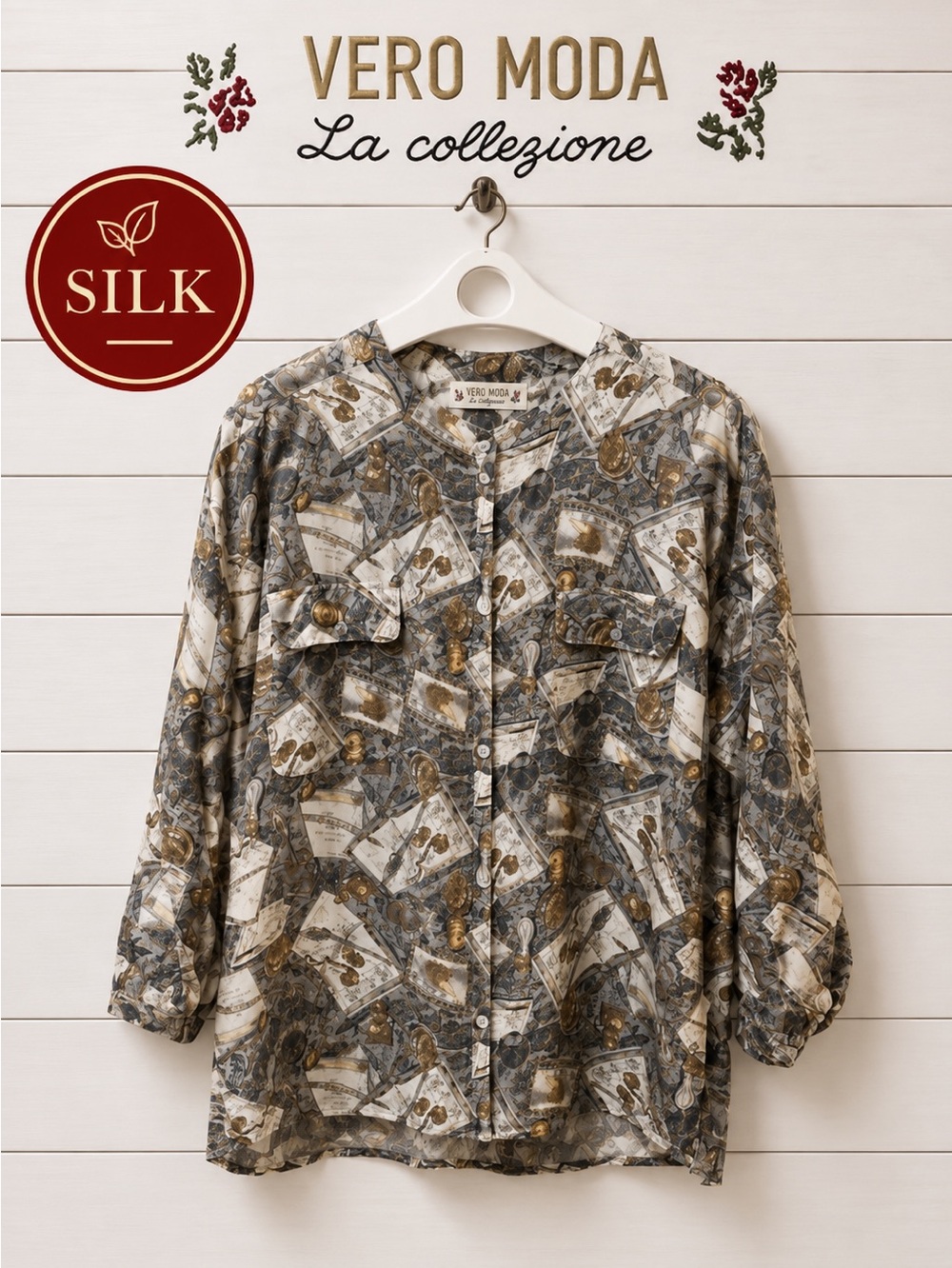 VERO MODA VINTAGE  Grey & Gold Print Blouse – Size M